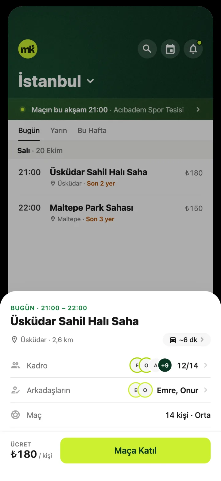 Maç detayı: tarih, saat, fiyat ve kontenjan