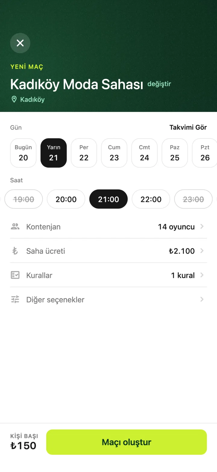 Maç oluştur: gün ve saat seçimi